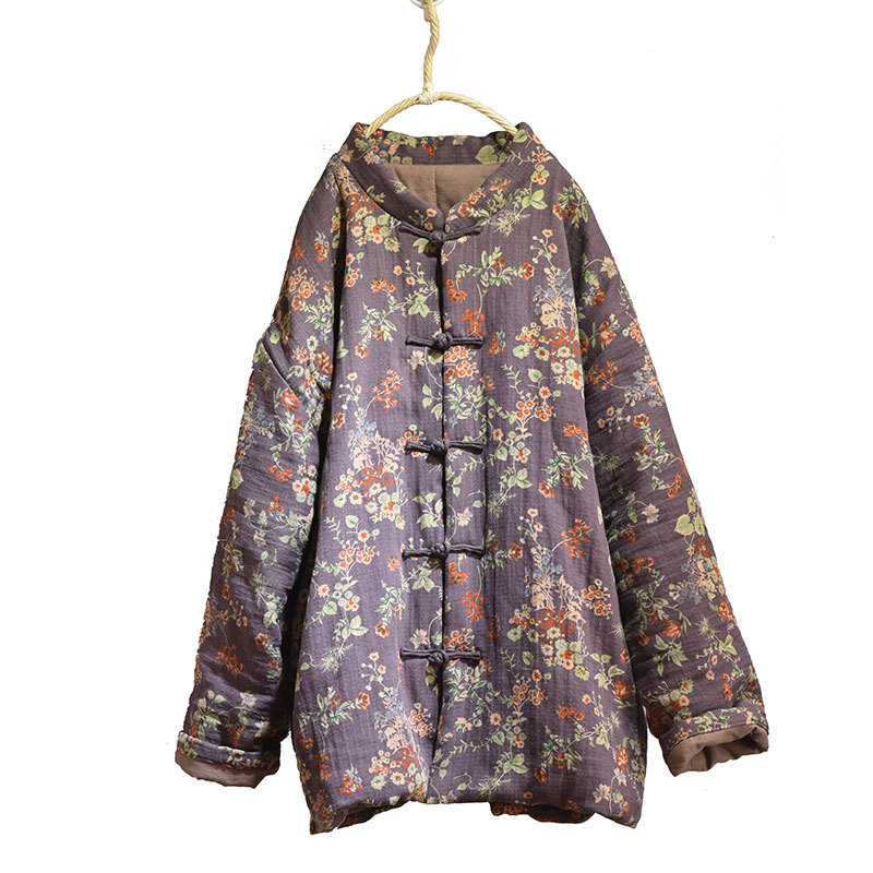Naran/original plus size cotton and linen women's clothing Chinese cardigan stand collar casual cotton-padded clothes vintage printed warm cotton-padd_voghion.com