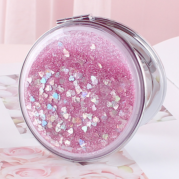 Girl Heart Student quicksand double-sided magnifying mirror cute hand-held small portable portable flip folding makeup mirror