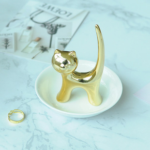 Ceramic Silver Jewelry Plate Xiao Mao Creative Jewelry Storage Rack Electroplated Animal Storage Plate Silver Jewelry Cat Plate
