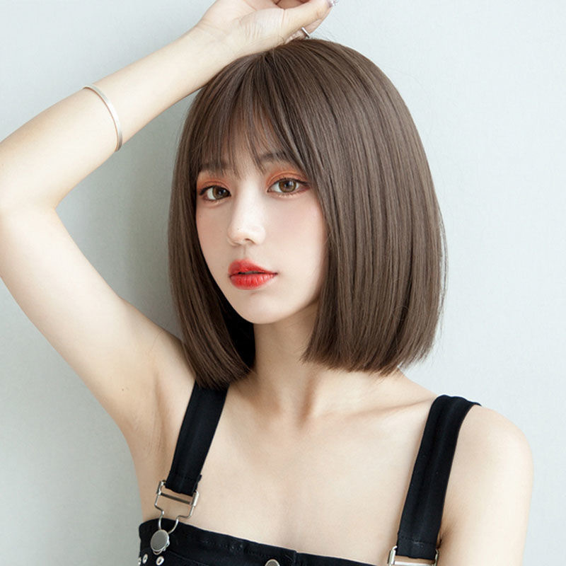 Women's Internet Celebrity bobo Head Short Straight Hair Temperament Inner Buckle Korean Style Girl's Full Head Cover Hair Set Air Bangs Fake Head Cover