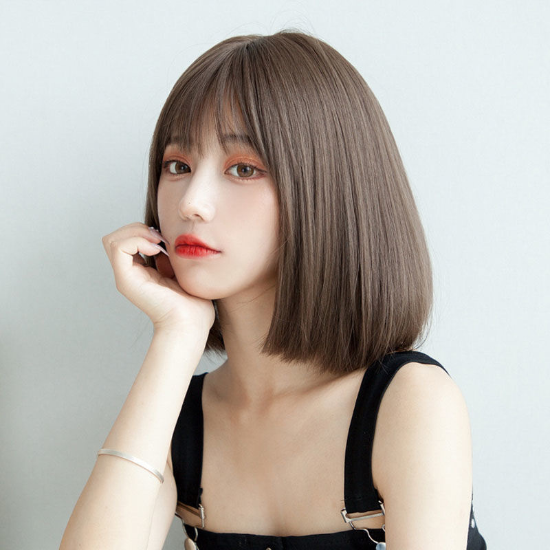 Women's Internet Celebrity bobo Head Short Straight Hair Temperament Inner Buckle Korean Style Girl's Full Head Cover Hair Set Air Bangs Fake Head Cover