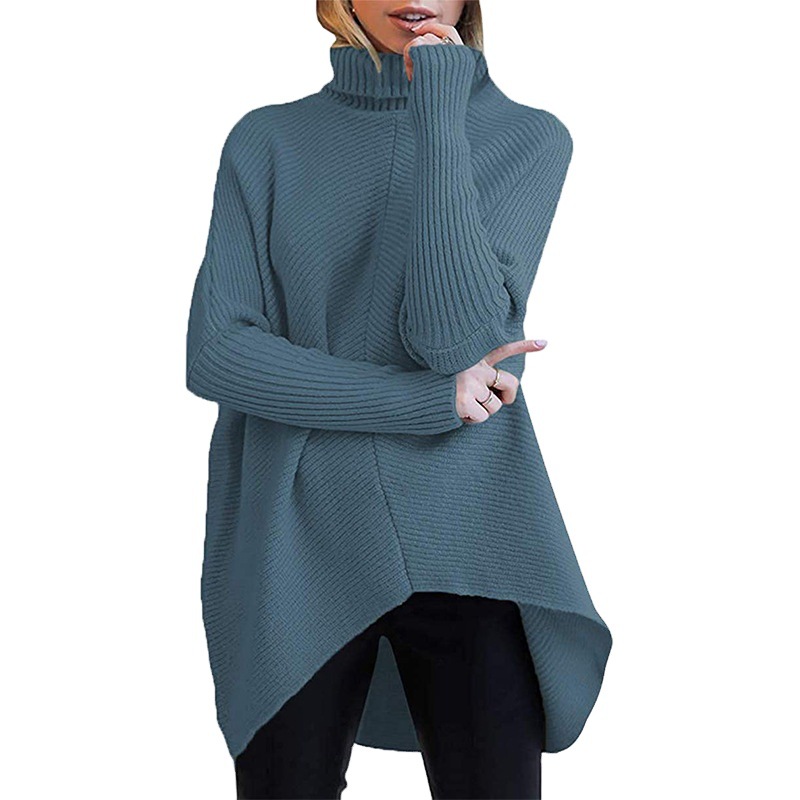Cross-border Amazon Europe and the United States for Autumn and Winter Foreign Trade Women's Irregular Hem Turtleneck Pullover Long Sleeve Knitted Sweater for Women