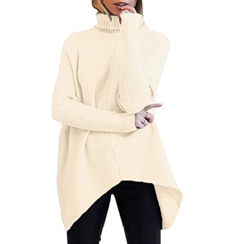 Cross-border Amazon Europe and the United States for Autumn and Winter Foreign Trade Women's Irregular Hem Turtleneck Pullover Long Sleeve Knitted Sweater for Women