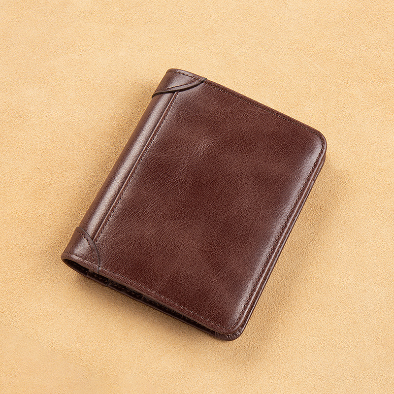 Men's Ultra-Thin Short Handle Fashion Minimalist Tri-Fold Driver's License Matching Full-Grain Leather Wallet