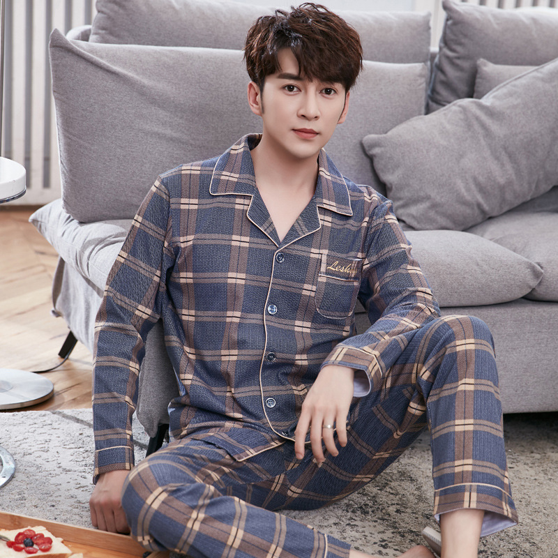 100% cotton pajamas men's long-sleeved spring and autumn Plaid casual plus size winter men's homewear suit