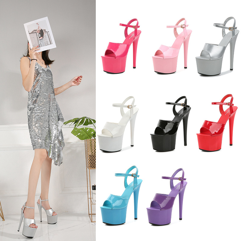 181-14 Patent Leather Sandals High Heels Thin Heel Sexy Black Waterproof Table Hate Sky High Super High Slippers for Women in Summer