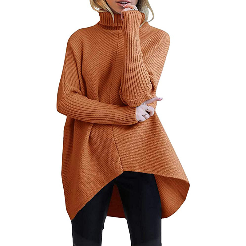 Cross-border Amazon Europe and the United States for Autumn and Winter Foreign Trade Women's Irregular Hem Turtleneck Pullover Long Sleeve Knitted Sweater for Women