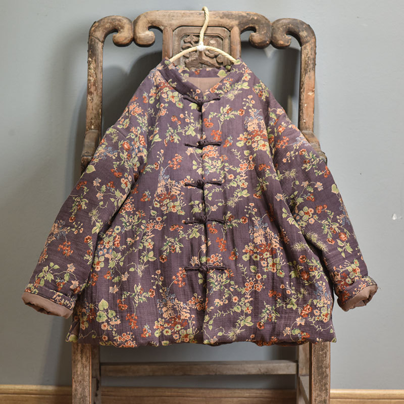 Naran/original plus size cotton and linen women's clothing Chinese cardigan stand collar casual cotton-padded clothes vintage printed warm cotton-padd_voghion.com