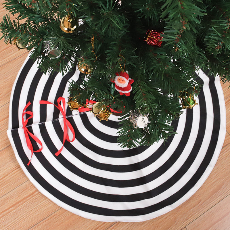 QC black and white stripe interval short plush Christmas tree skirt double-layer tree skirt Christmas tree decorative pad red ribbon