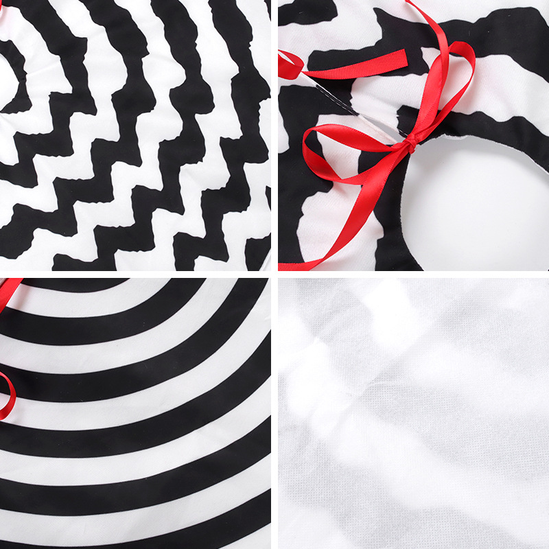 QC black and white stripe interval short plush Christmas tree skirt double-layer tree skirt Christmas tree decorative pad red ribbon