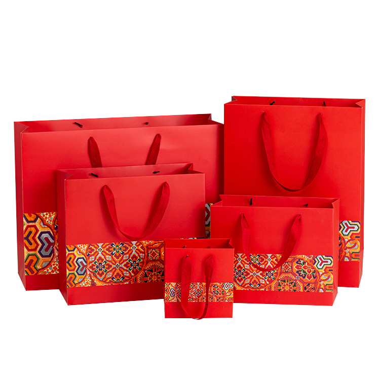 Chinese New Year Red Printed Widened Rope Gift Bag Gift Bag for Return Hand Paper Bag