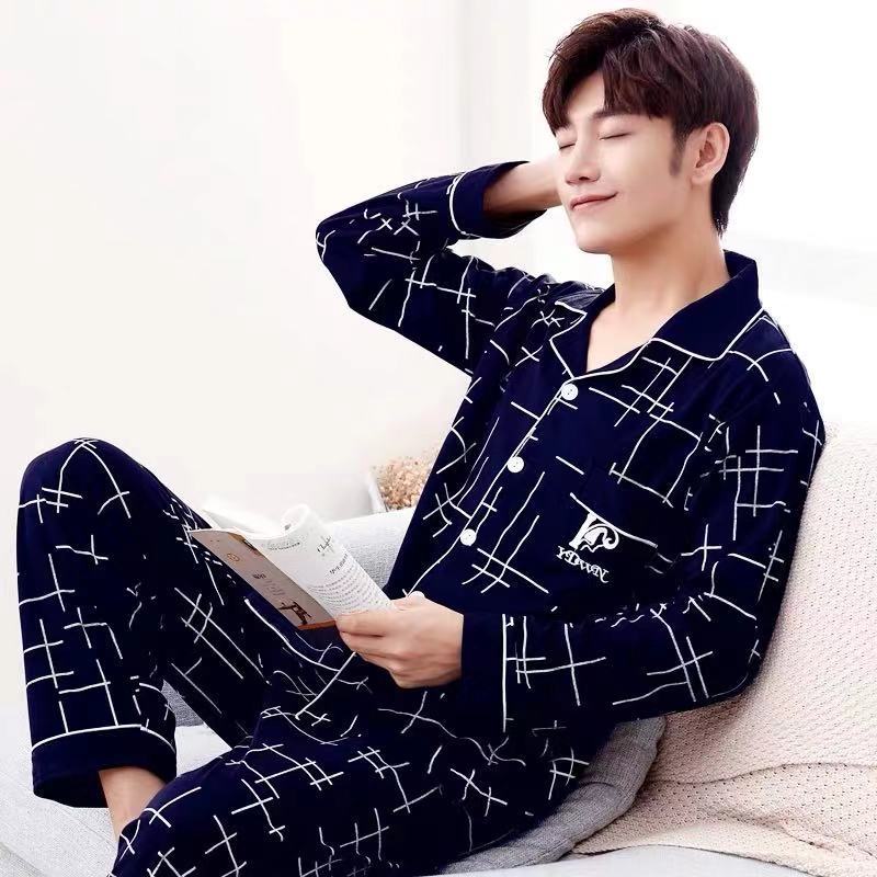 100% cotton pajamas men's long-sleeved spring and autumn Plaid casual plus size winter men's homewear suit