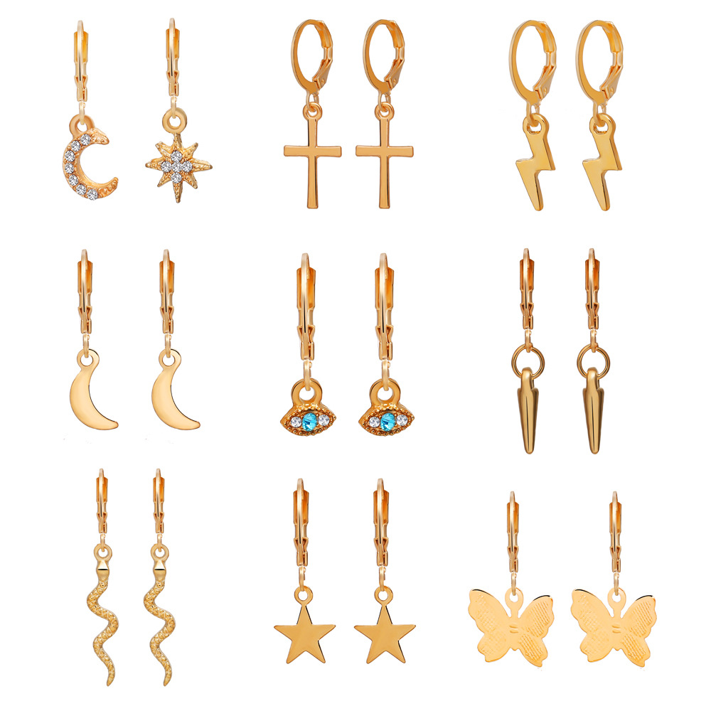 51778 Amazon Hot Selling Alloy Earrings Set 9 Pair Creative Simple Eyes Lightning Ear Clip Set