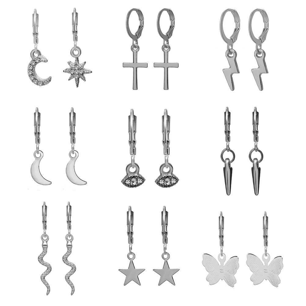 51778 Amazon Hot Selling Alloy Earrings Set 9 Pair Creative Simple Eyes Lightning Ear Clip Set