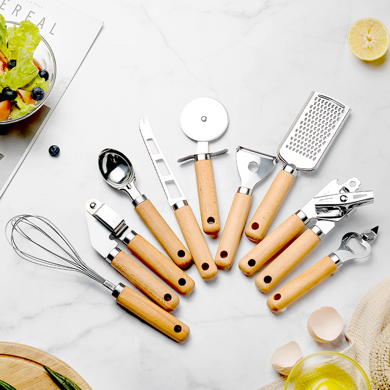 Kitchen gadgets wooden handle small kitchenware stainless steel egg beater miscellaneous pieces baking set Pizza cheese knife
