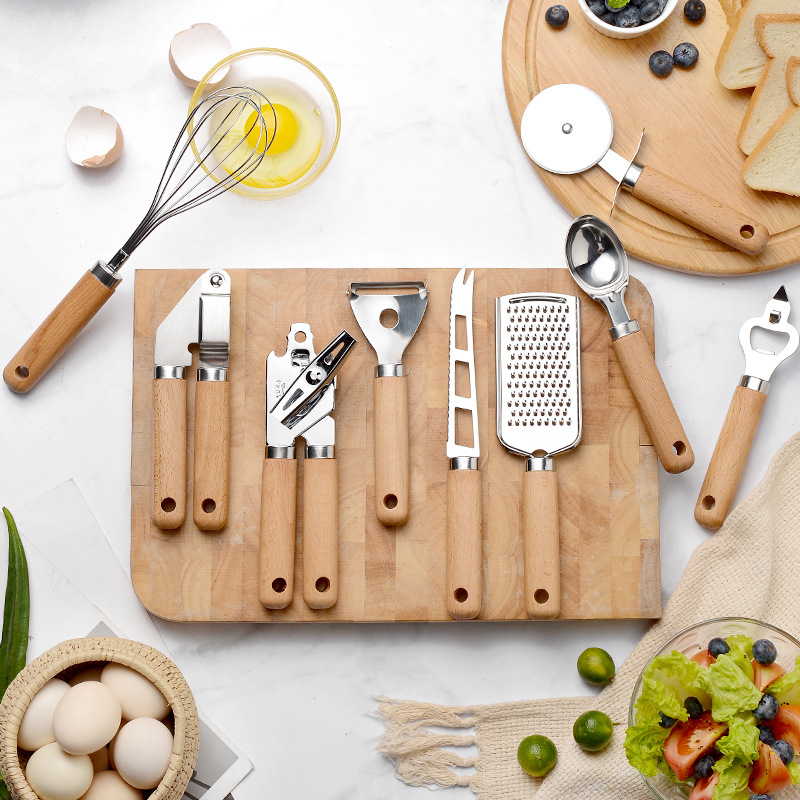 Kitchen gadgets wooden handle small kitchenware stainless steel egg beater miscellaneous pieces baking set Pizza cheese knife