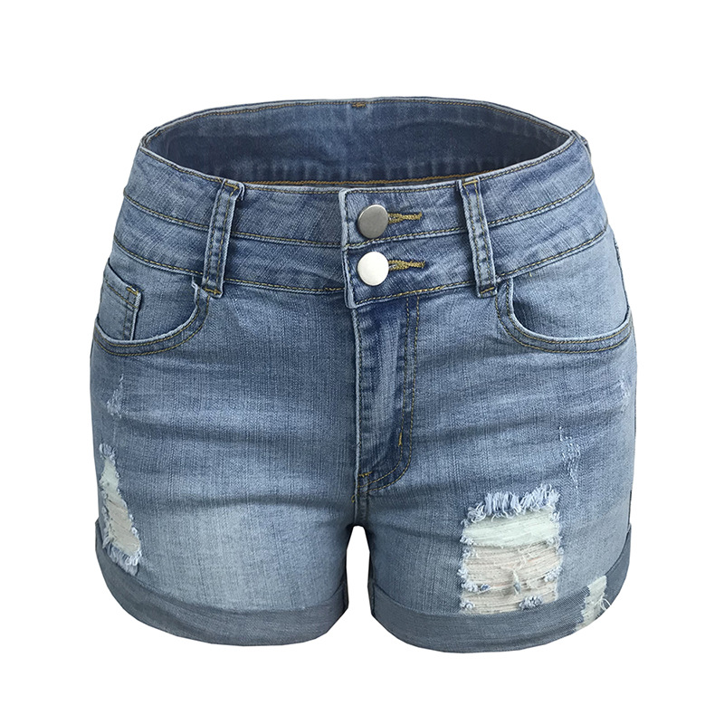 Cross-border foreign trade wish Amazon European and American trend ripped edge elastic high waist denim shorts women's hot pants