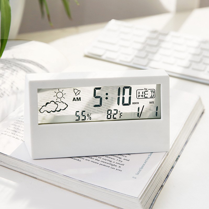 Cross-border LCD clock temperature and humidity meter electronic alarm clock ins transparent weather display children Students small alarm clock