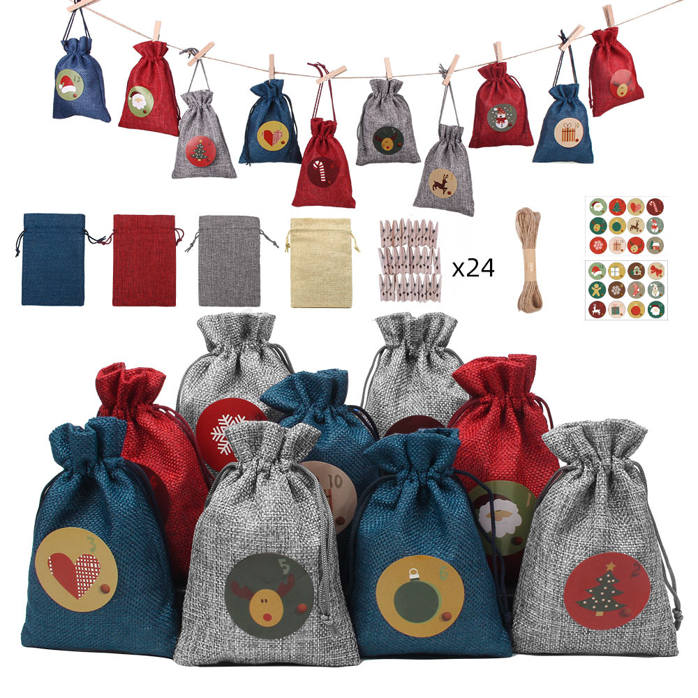 Spot Christmas Gift Bag Countdown Advent Calendar Gift Packaging Bag Candy Storage Bundle Mouth Christmas Bag Set