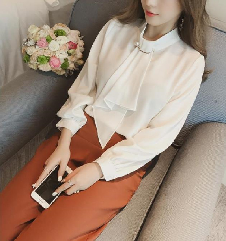 2024 Spring New Korean Style Ring Buckle Lantern Sleeve Pullover Chiffon Shirt Women's Long Sleeve Base Shirt Top