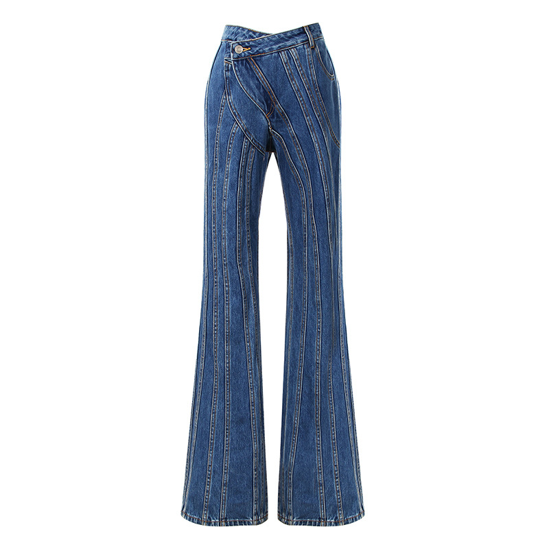 Niche Designer Pants 2023 Asymmetrical Slant Waist Placket Multi-line Split Stitching Structure Cut Jeans