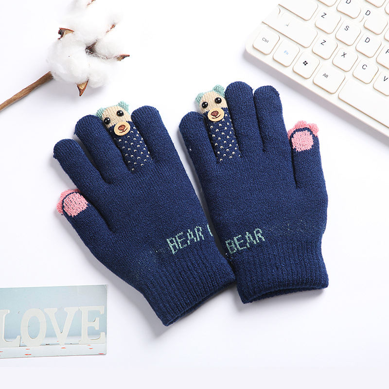 Children's gloves winter five-finger plus velvet warm new boys cute finger bear girls finger students riding tide
