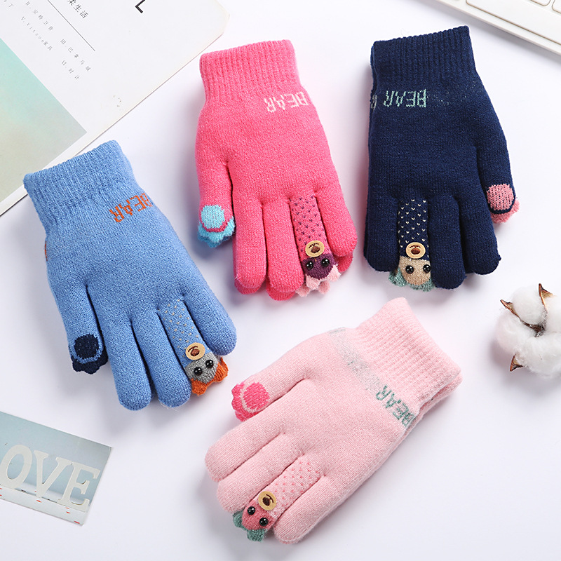 Children's gloves winter five-finger plus velvet warm new boys cute finger bear girls finger students riding tide