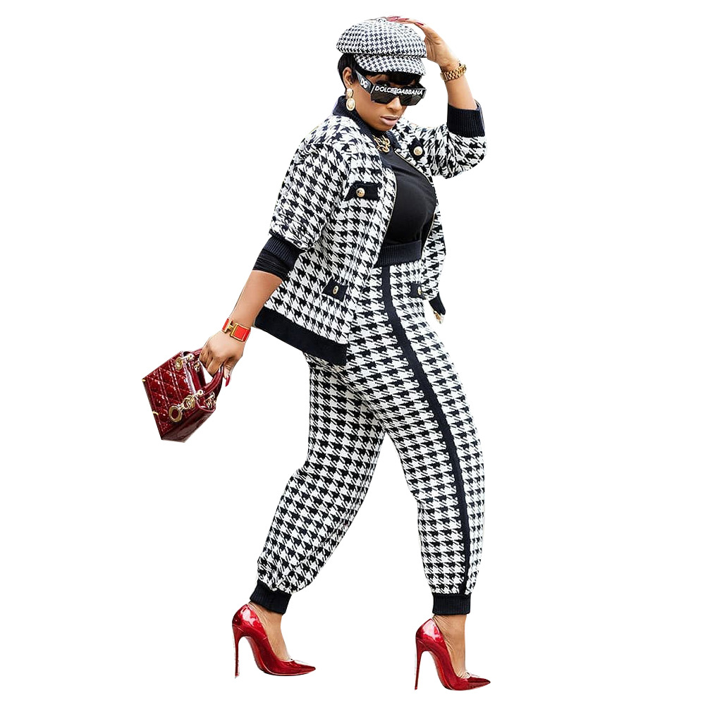 5401 cross-border women's clothing European and American fashion casual suit houndstooth printed button coat + trousers two-piece set