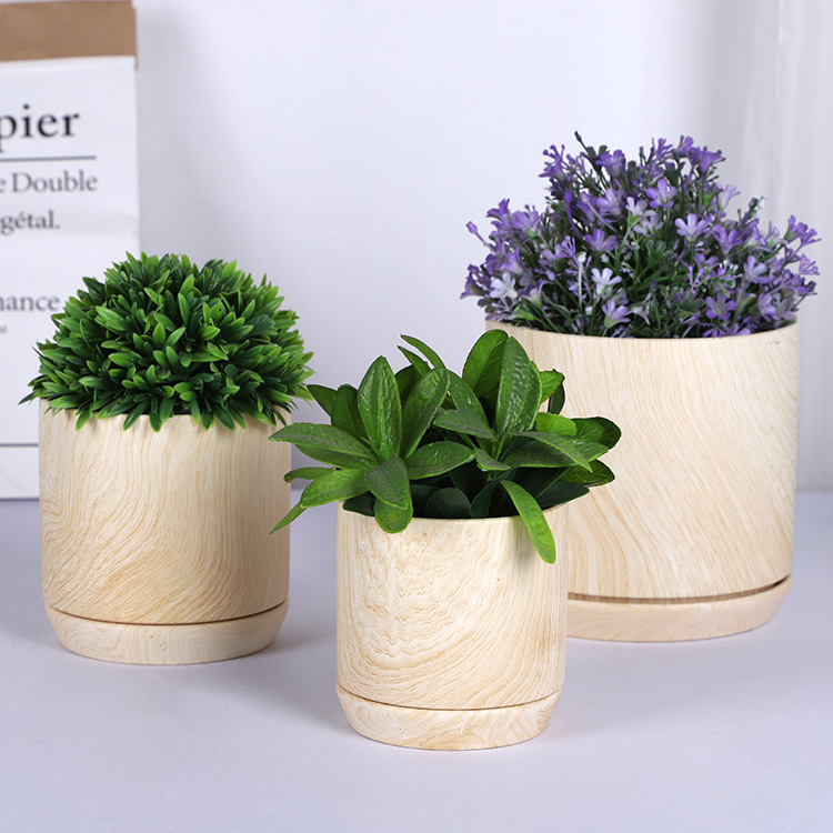 Creative Indoor Wood Texture Large Lazy Simple Decorative Planter Ceramic with Tray Round Balcony Plant Pot