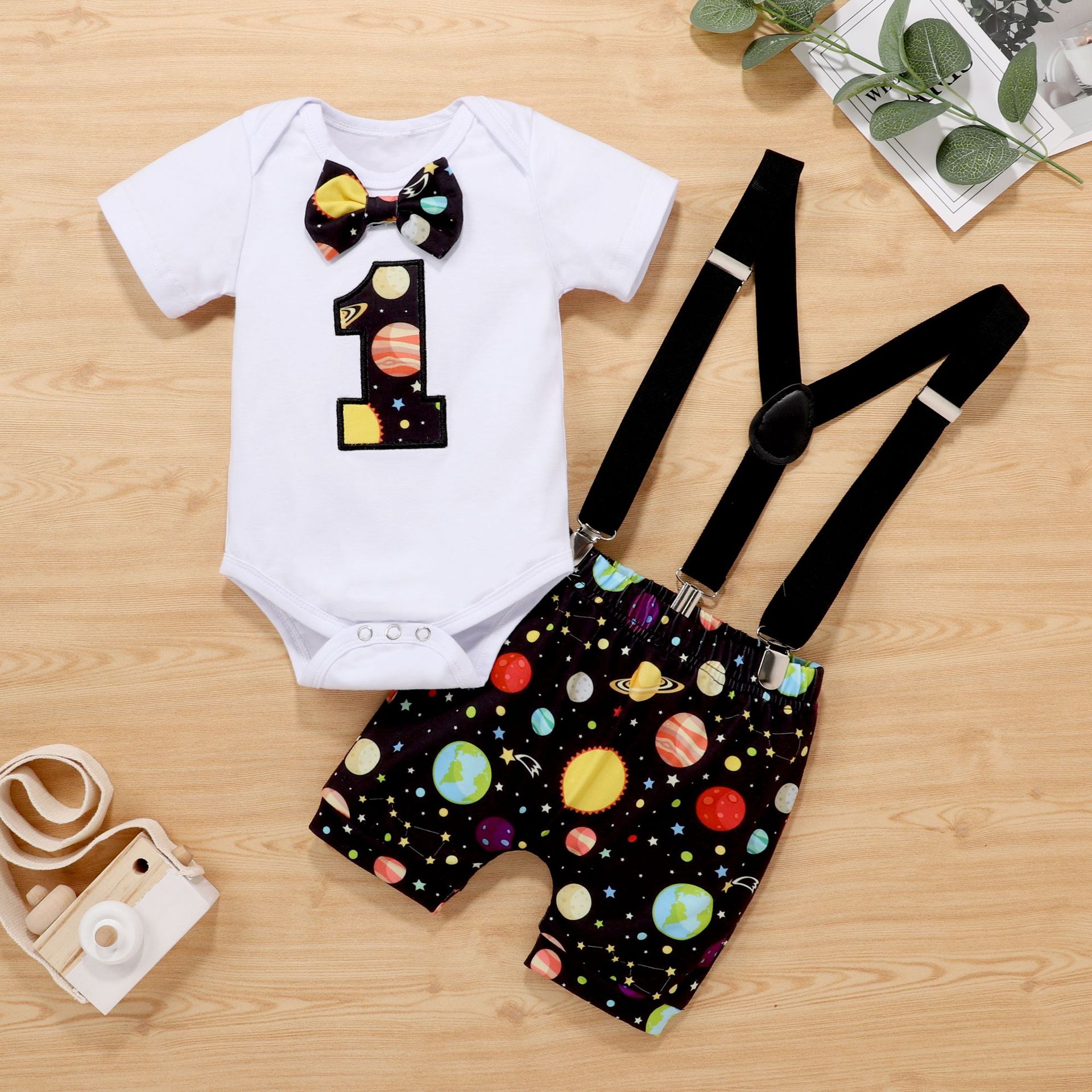 European and American Infant Summer Children's Wear Digital Hare ins Baby Short-sleeved Strappy Pants Birthday Children's Wear Set Cross-Border