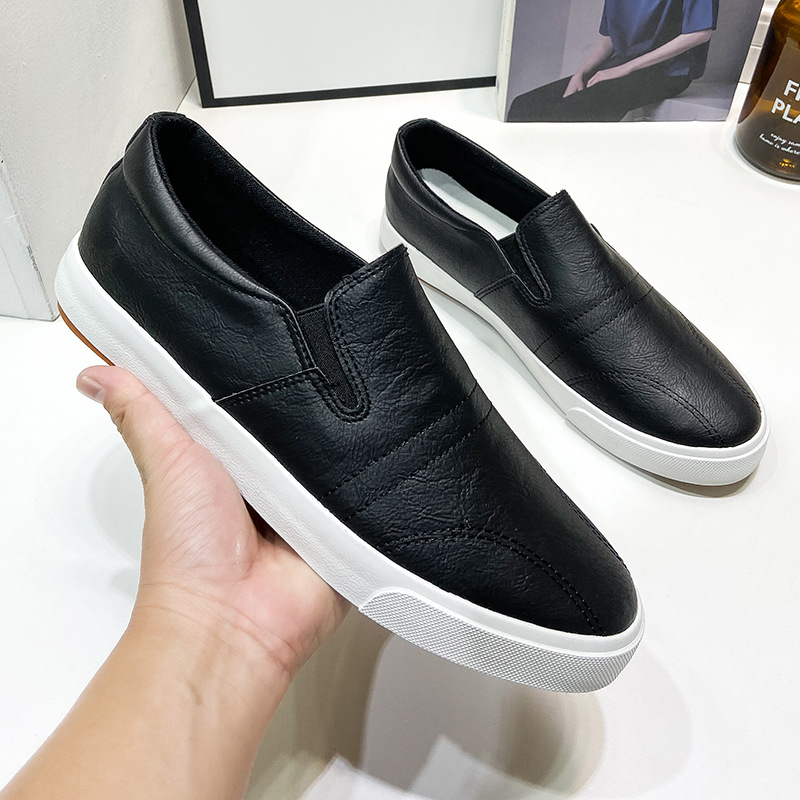 White shoes slip-on casual elastic men's shoes low-top lazy leather shoes Four Seasons lightweight rubber shoes khaki flat shoes