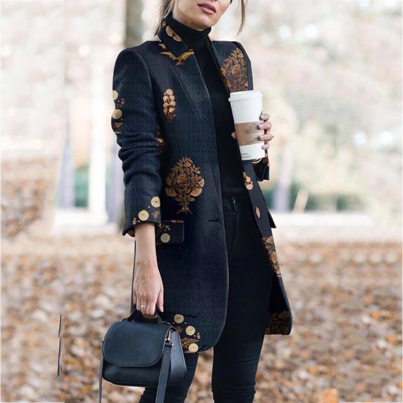 2023 AliExpress Amazon ebay autumn and winter New European and American fashion printed stand collar woolen coat for women