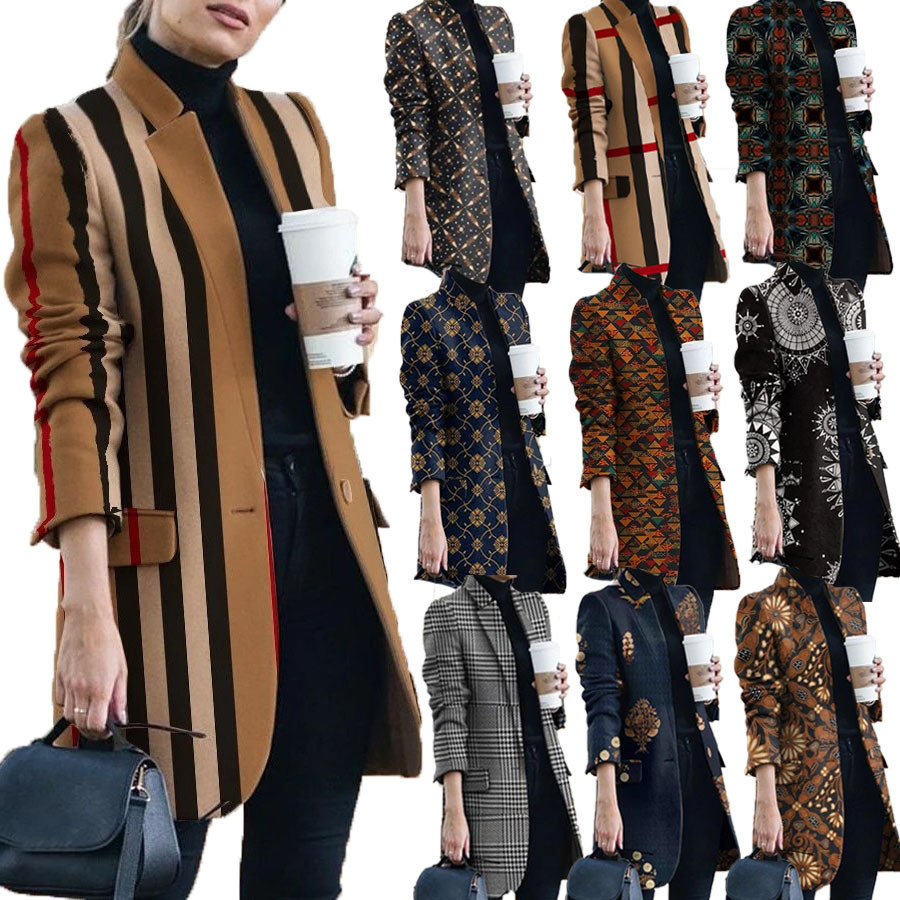 2023 AliExpress Amazon ebay autumn and winter New European and American fashion printed stand collar woolen coat for women