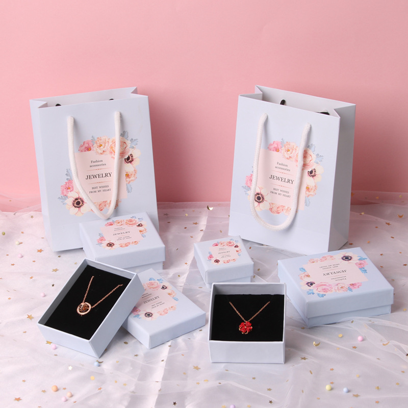 Light Blue Jewelry Box Necklace Packaging Box Simple Fresh Earrings Bracelet Ring Earrings Paper Jewelry Packaging Box
