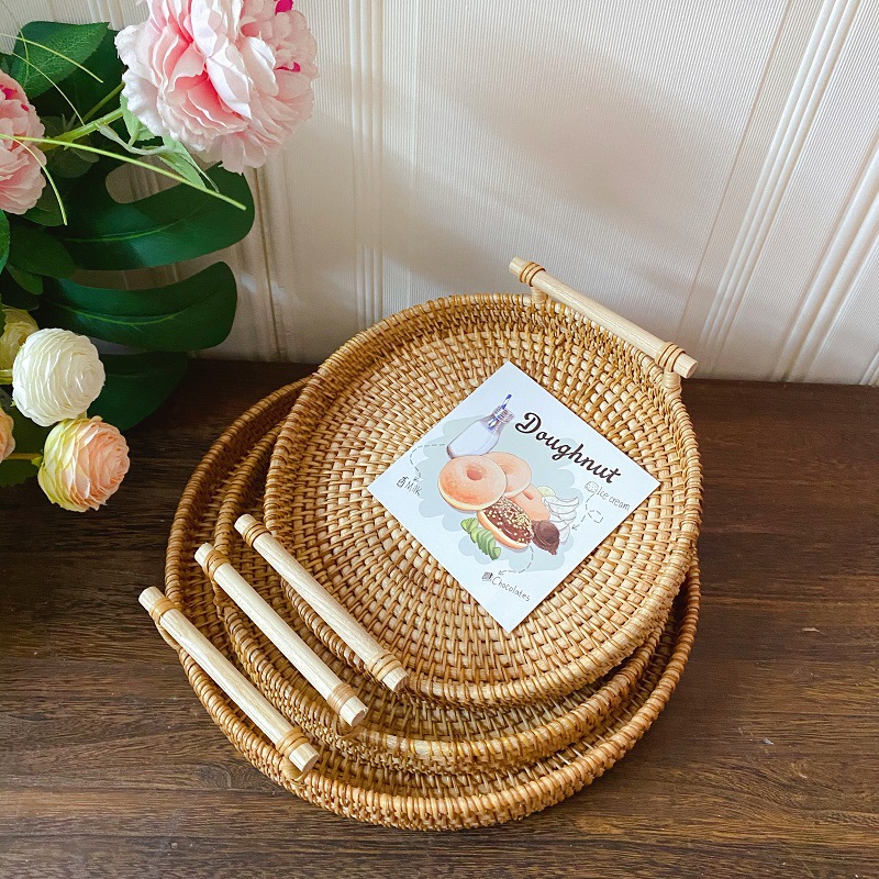 Vietnam Rattan Woven Basket Woven Storage Dim Sum Small Round Snack Fruit Plate Retro Pastoral Style Round Small Basket