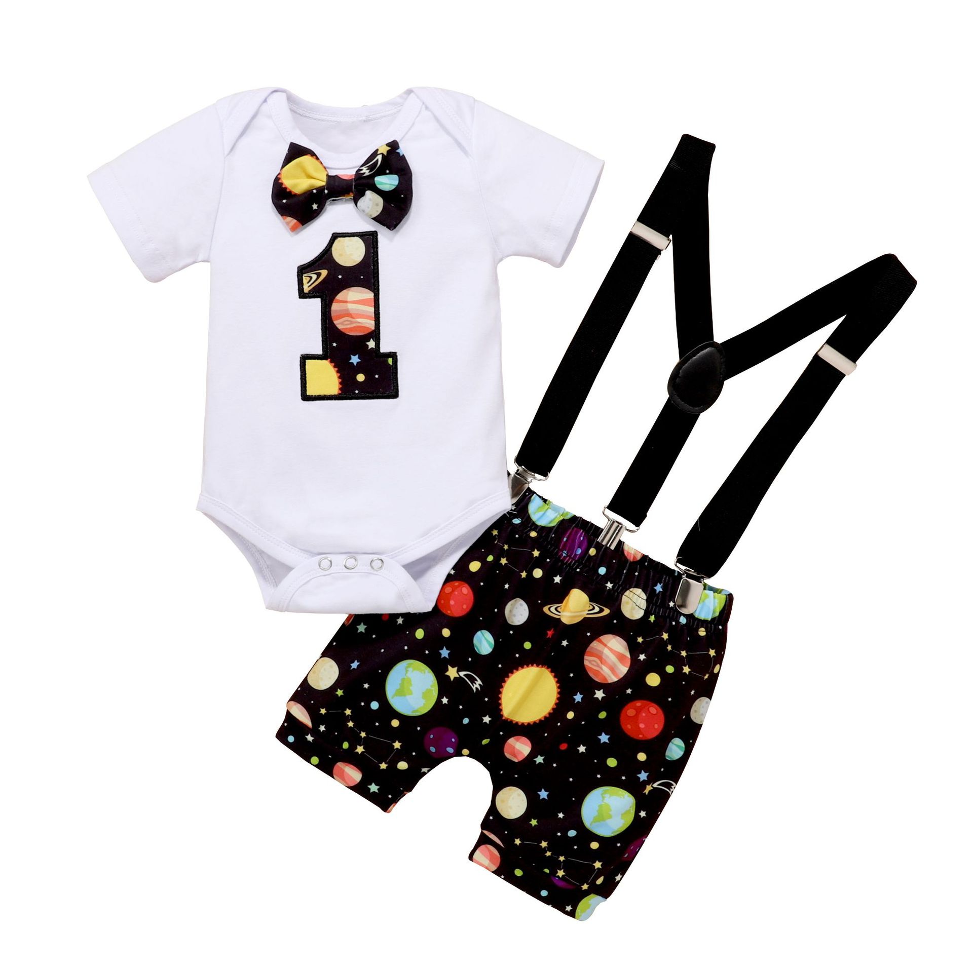 European and American Infant Summer Children's Wear Digital Hare ins Baby Short-sleeved Strappy Pants Birthday Children's Wear Set Cross-Border