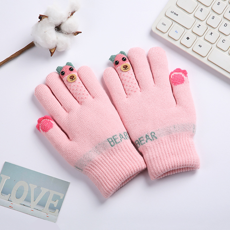 Children's gloves winter five-finger plus velvet warm new boys cute finger bear girls finger students riding tide