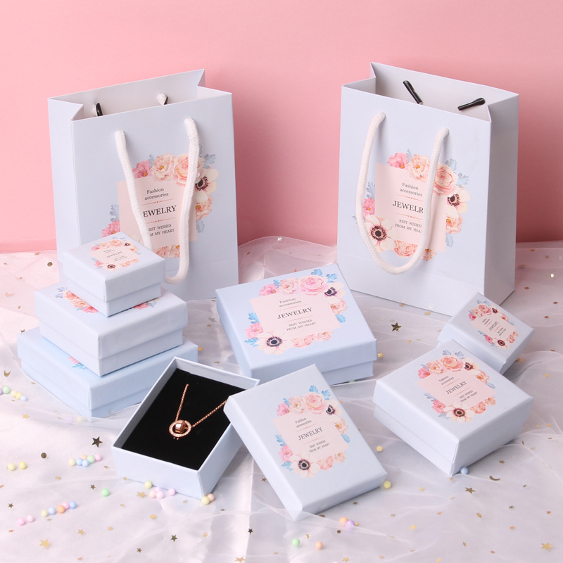 Light Blue Jewelry Box Necklace Packaging Box Simple Fresh Earrings Bracelet Ring Earrings Paper Jewelry Packaging Box