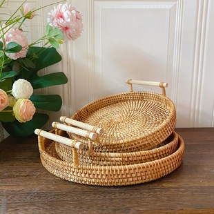 Vietnam Rattan Woven Basket Woven Storage Dim Sum Small Round Snack Fruit Plate Retro Pastoral Style Round Small Basket