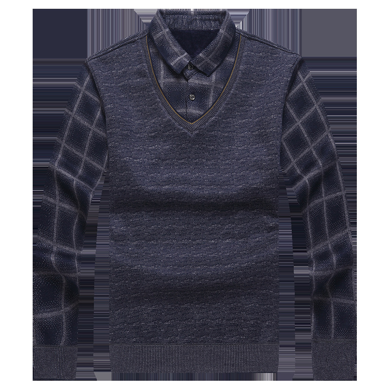Middle-aged and Elderly Men's Fleece-lined Thickened Fake Two-piece Sweater Dad's Backing Warm Clothes Middle-aged Men's Winter Sweater