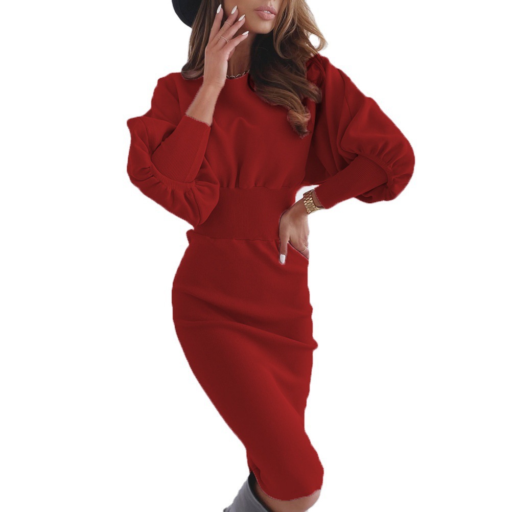 2020ebay cross-border wish Europe and the United States casual solid color round neck waist sweater sexy hip dress women's clothing