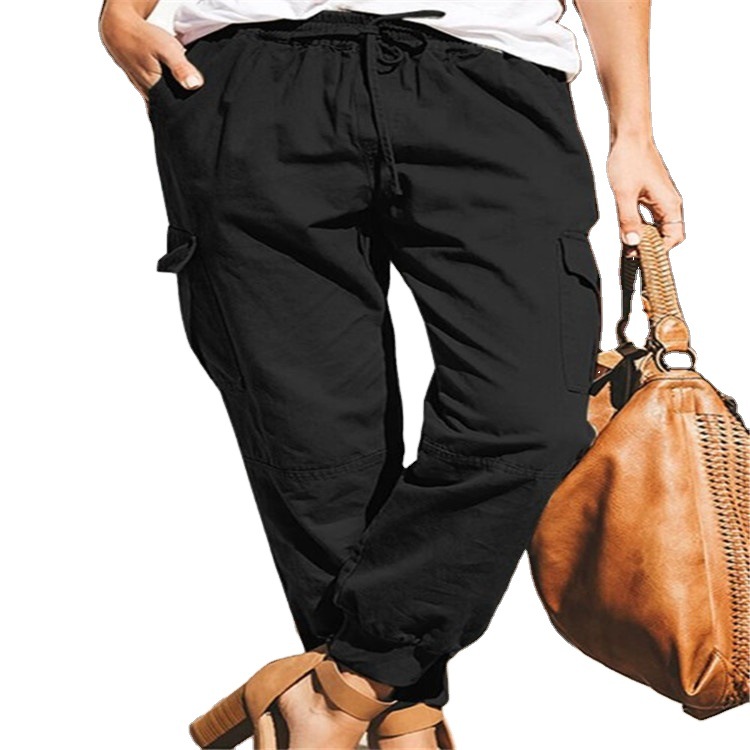 2024 Independent Station European and American Amazon Women's Solid Color Casual Fashion Pocket Lace-up Workwear Trousers High Waist Women's Pants