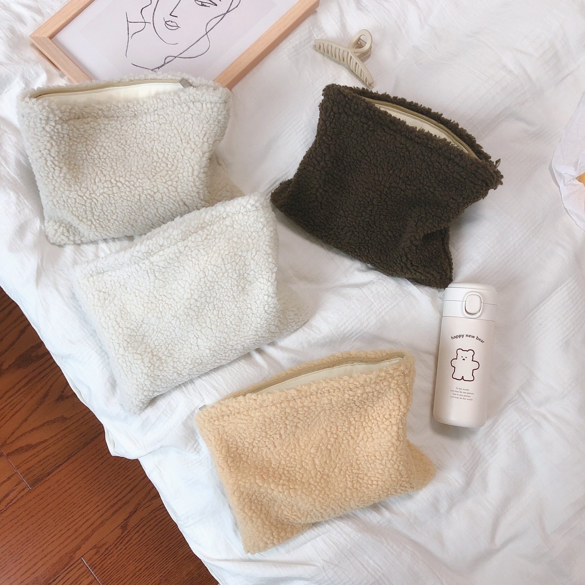 Solid Color Vintage Lamb Wool Handbag Cosmetic Bag Clutch Bag Women's Bag Fashion Artistic Korean Simple All-match Winter New