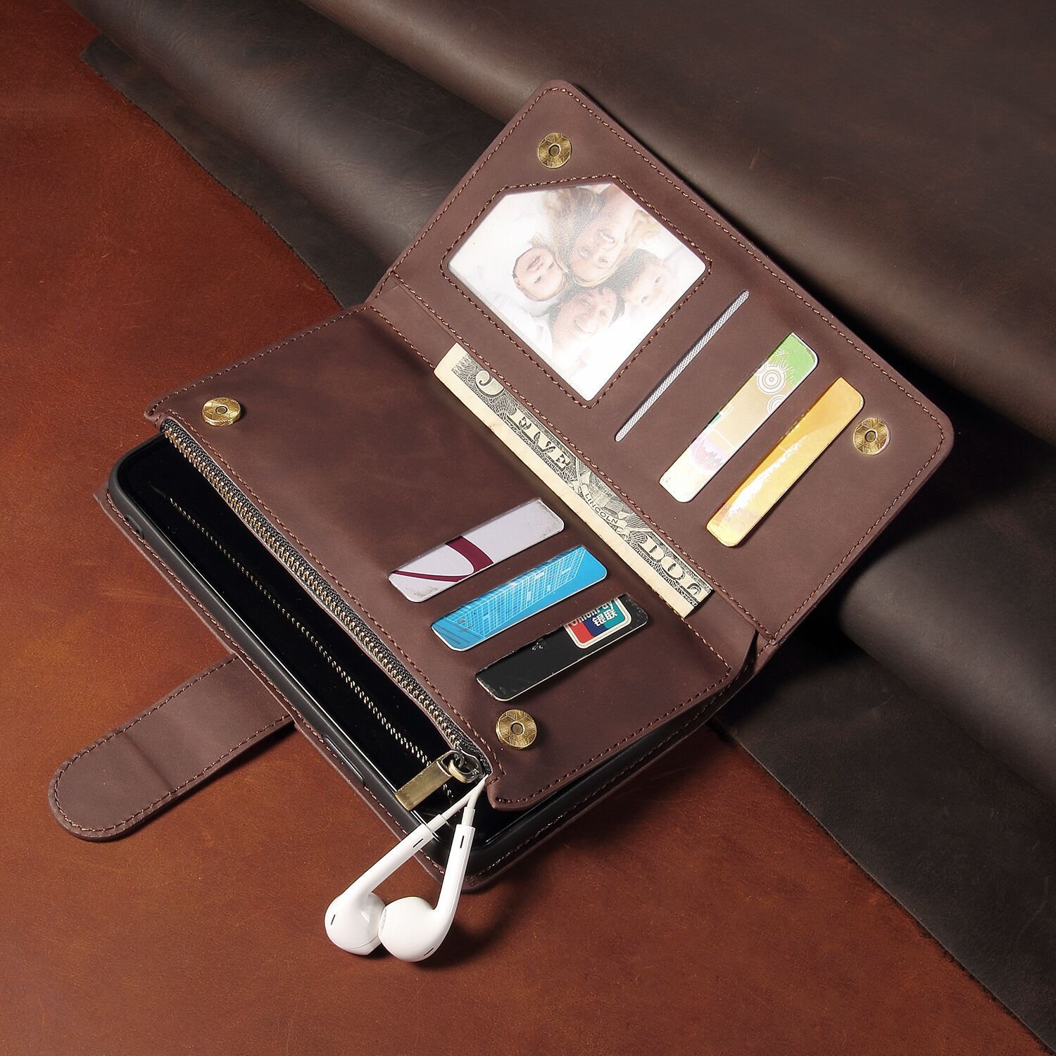 For iPhone14 Skin-feeling Mobile Phone Leather Case Apple 16pro Multi Card Zipper Case XR Wallets Case