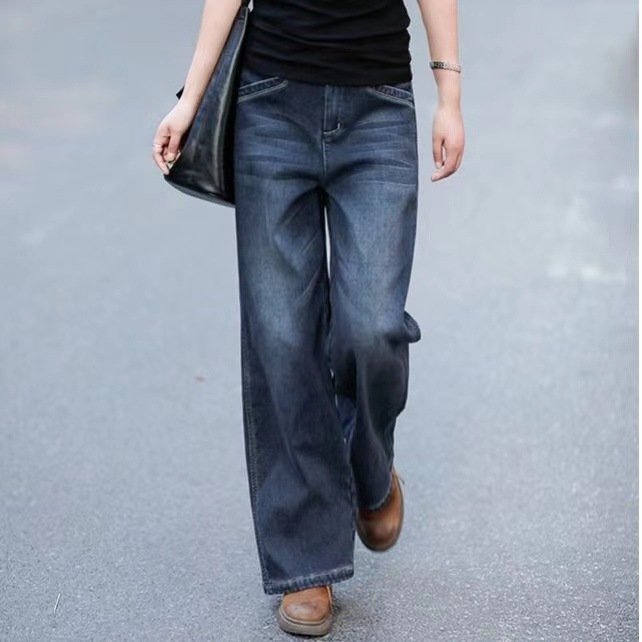 Cross-border Spring and Autumn New Pendant Sense Jeans Women's High Waist Straight Loose Slimming Large Size Wide Leg Trousers Dad Pants