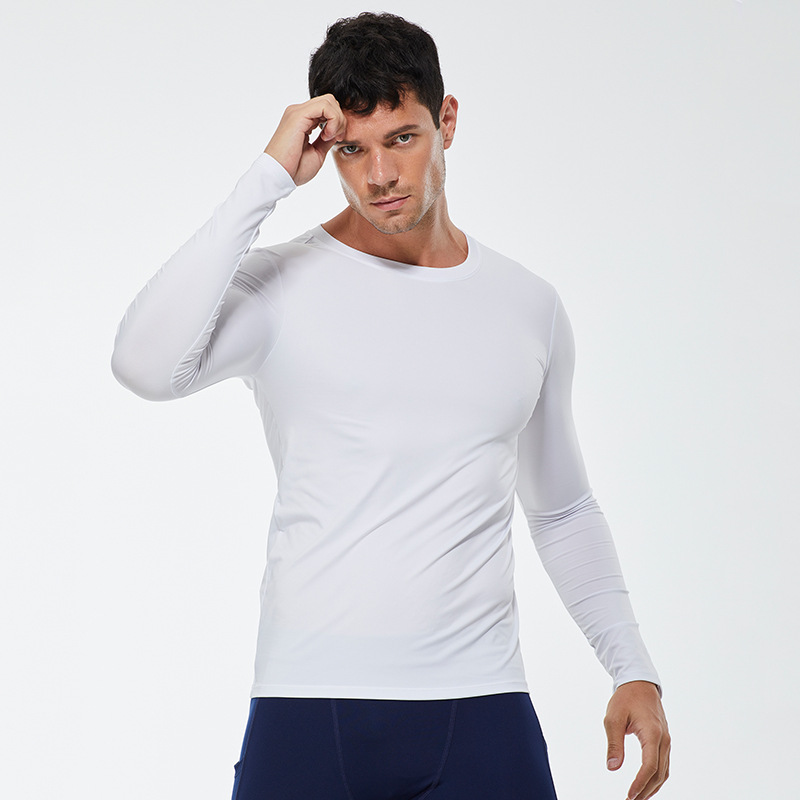 Solid Color Men's PRO Fitness Sports Running Tight T-Shirt Elastic Sweat-wicking Quick-drying Long-sleeved Shirt Clothes 4002