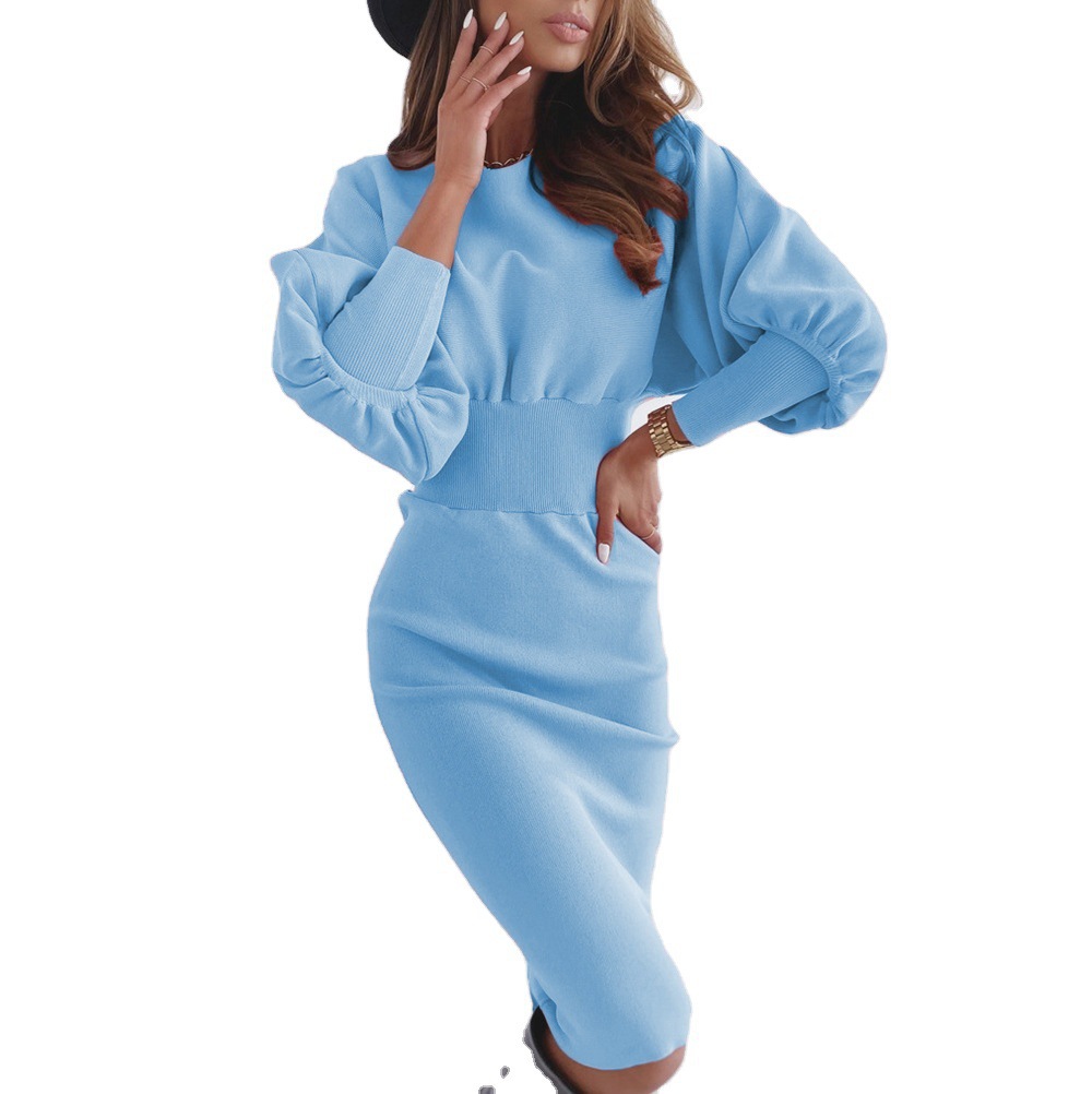 2020ebay cross-border wish Europe and the United States casual solid color round neck waist sweater sexy hip dress women's clothing