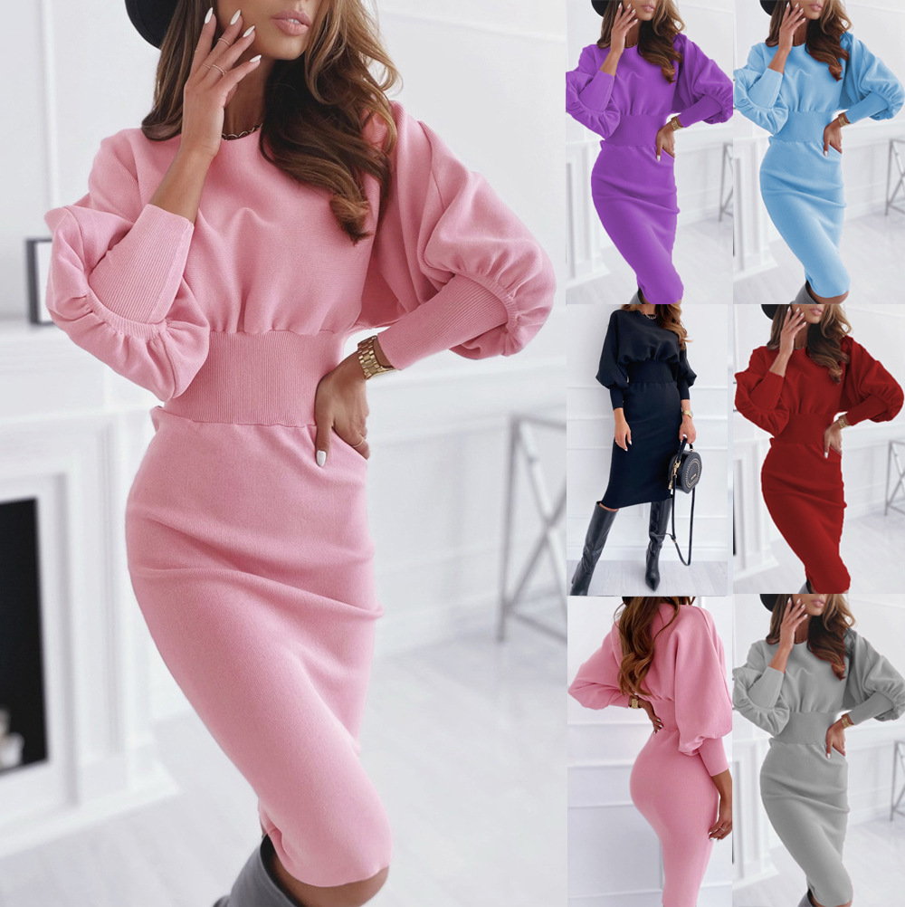2020ebay cross-border wish Europe and the United States casual solid color round neck waist sweater sexy hip dress women's clothing