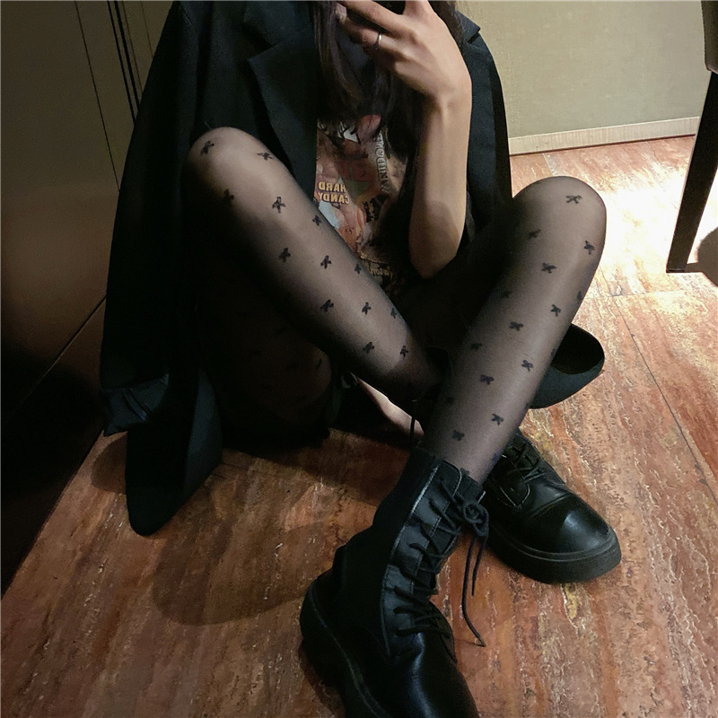 Polo Dot Silk Stockings Anti-hook Japanese Lolita Jacquard Bow Love Pants Slim Look Thin Sexy Black Jk