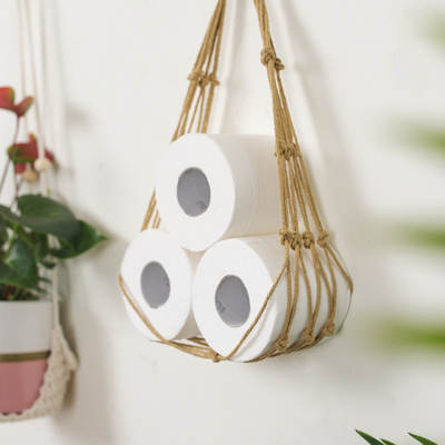 Household Toilet Paper Roll Paper Storage Hand-woven Toilet Bathroom Cotton Rope Paper Towel Net Pocket